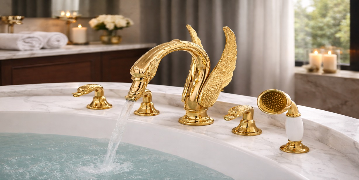 Fontana Swan Neck gold waterfall deck mount bathtub faucet BSS-1009 for design-led bathrooms